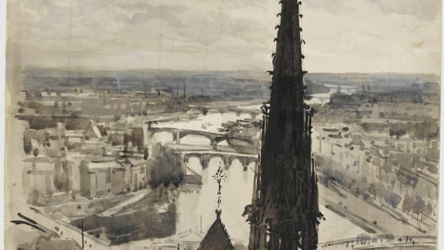 Un dessin de Joseph Pennell "Notre-Dame de Paris : la flèche vue des tours"