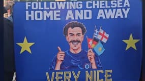 Le drapeau Borat des fans de Chelsea pour le match contre Astana en Ligue Conférence, le 12 décembre 2024