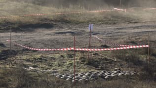 Des mines antichars sont empilées lors d'opérations de nettoyage dans la région de Kherson, récemment reconquise, le 14 novembre 2022.