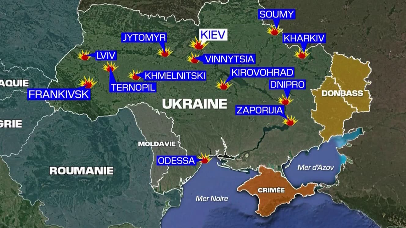 Les villes ukrainiennes touchées par des frappes russes ce lundi 10 octobre 2022.