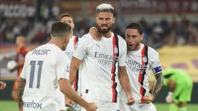 La rage d'Olivier Giroud, célébrant son but contre l'AS Rome, le 1er septembre 2023, au Stadio Olimpico
