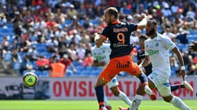 Le nouvel attaquant de Montpellier Valère Germain inscrit le 2e but de son équipe face à Saint-Etienne à La Mosson, le 12 septembre 2021 
