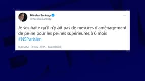 Tweet de Nicolas Sarkozy le 3 novembre 2015