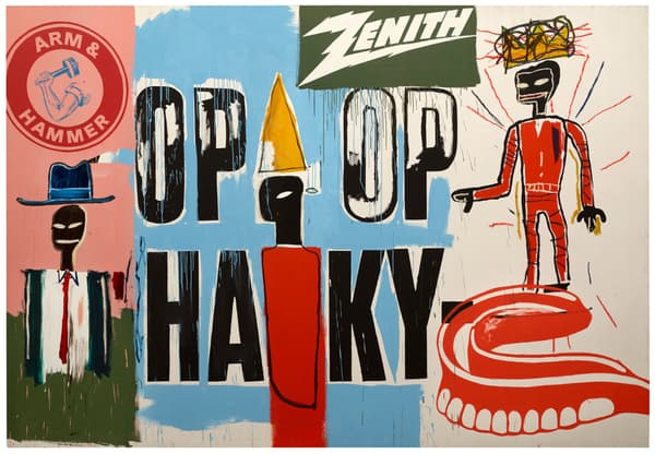 Une œuvre de Jean-Michel Basquiat et Andy Warhol, "OP OP" réalisée en 1984 et présentée à l'occasion de l'exposition "Basquiat x Warhol : A quatre mains" à la Fondation Louis Vuitton du 5 avril au 28 août.