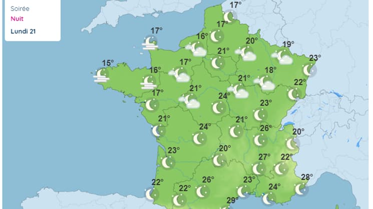 Carte de la météo dans la nuit du dimanche 20 août au lundi 21 août 2023.