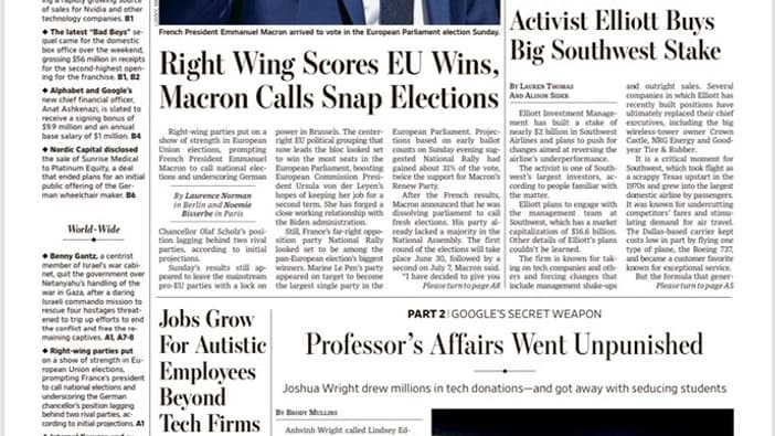 La Une du Wall Street Journal du lundi 10 juin 2024