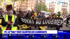 Paris: l'association "Droit au logement" manifeste devant les QG d'Emmanuel Macron et Marine Le Pen