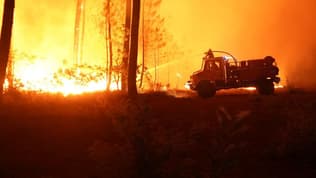 Des pompiers lutte contre les flammes près de Landiras, en Gironde, le 9 août 2022.
