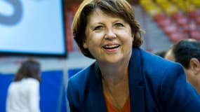 Martine Aubry lors d'un meeting du PS à Lhomme, dans le Nord, le 13 septembre 2014.