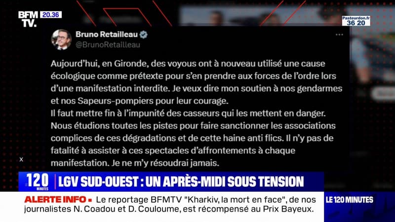 Violences en marge de la manifestation anti-LGV en Gironde: Bruno Retailleau apporte son soutien aux gendarmes et aux sapeurs-pompiers