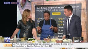 A table avec Babette : Noix de Saint-Jacques rôties, endives fondantes sur pépites de Brie noir de Meaux en aumônière