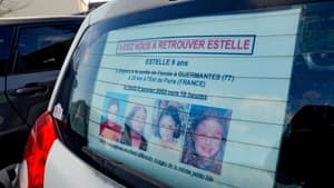 Une affichette sur la disparition d'Estelle Mouzin est accrochée sur une voiture le 9 janvier 2021 à Guermantes lors d'une marche 28 ans après sa disparition