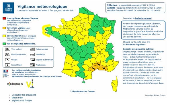 La carte de vigilance Météo France. 