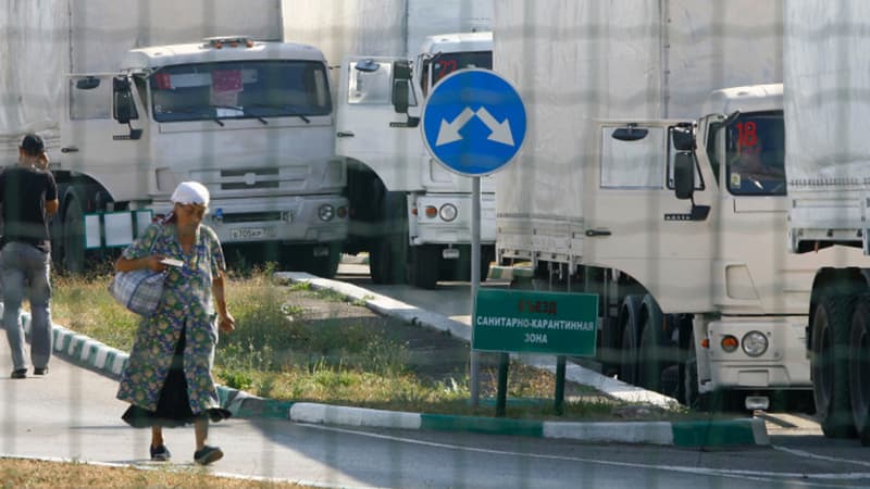Des camions d'un convoi russe de "camions blancs" stationnés à la frontière ukrainienne, le 22 août 2014.