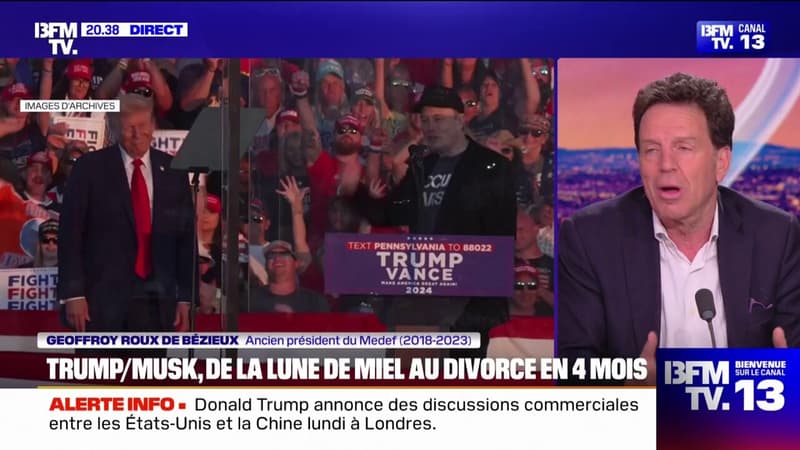 Donald Trump-Elon Musk: "C'était inévitable, car il y a deux visions du monde et de l'économie", affirme Geoffroy Roux de Bézieux, ancien président du Medef thumbnail