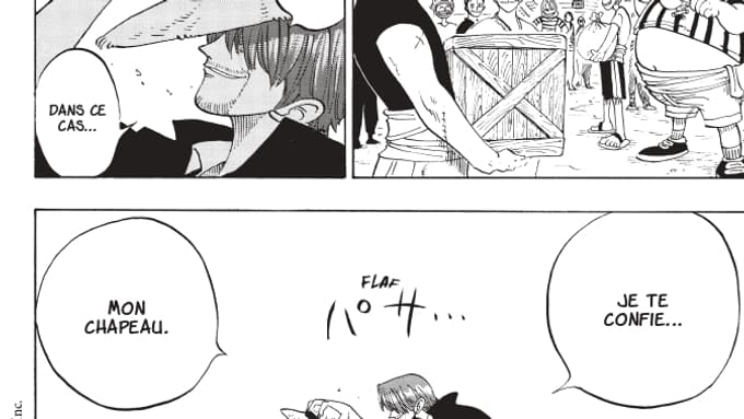 Le passage de relais entre Shanks Le Roux et Luffy dans le tome 1 de "One Piece".