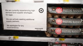 Une affiche dans un magasin de Chicago s'excusant pour les pénuries d'oeufs, le 12 mars 2025