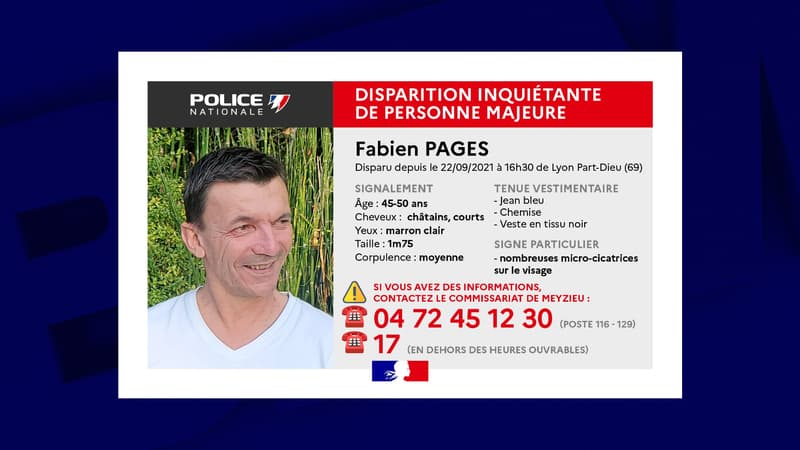 Fabien Pages, âgé entre 45 et50 ans, est porté disparu depuis mercredi 22 septembre. Il a été aperçu pour la dernière fois dans le quartier de la Part-Dieu, à Lyon. La police a lancé un appel à témoins.