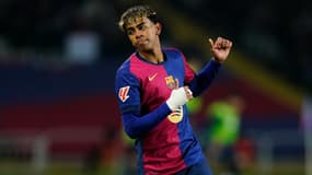 Lamine Yamal, attaquant du Barça, en match en retard de Liga, 27 mars 2025