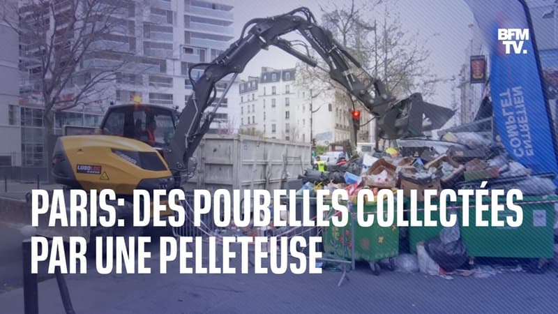 À Paris, des poubelles entassées dans les rues sont collectées par une pelleteuse