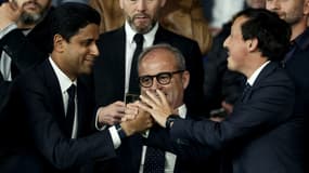 Nasser Al-Khelaïfi, Luis Campos et Pablo Longoria, à Paris le 24 septembre 2023