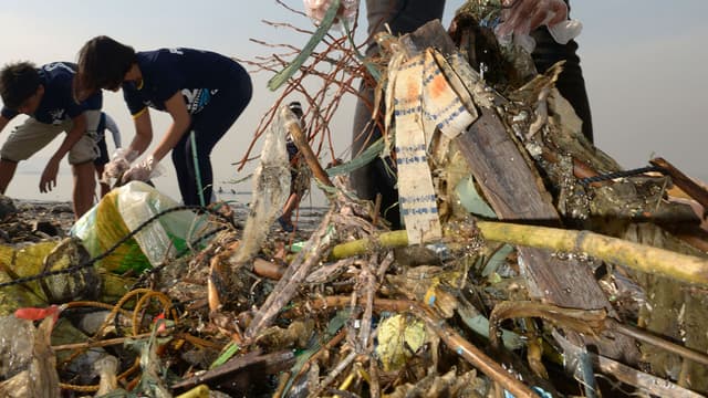 Collecte de déchets en plastique sur une plage