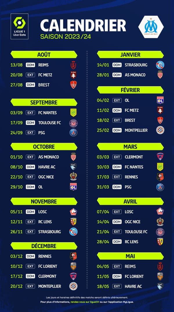 Ligue 1: le calendrier de l #39 OM pour la saison 2023 2024