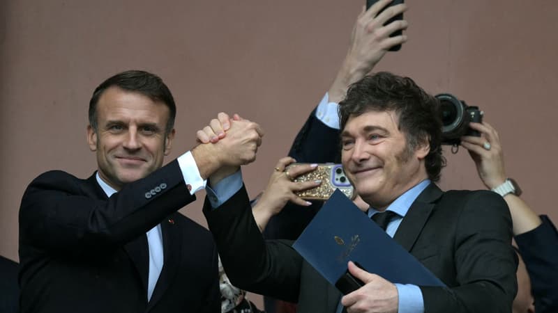 Le président Emmanuel Macron (à gauche) et le président argentin Javier Milei se tiennent la main sur le balcon du palais gouvernemental de Casa Rosada après une réunion à Buenos Aires le 17 novembre 2024.
