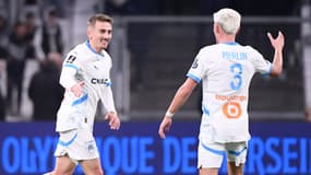 Valentin Rongier et Quentin Merlin célèbrent le premier but de l'OM en 2025, 5 janvier 2025