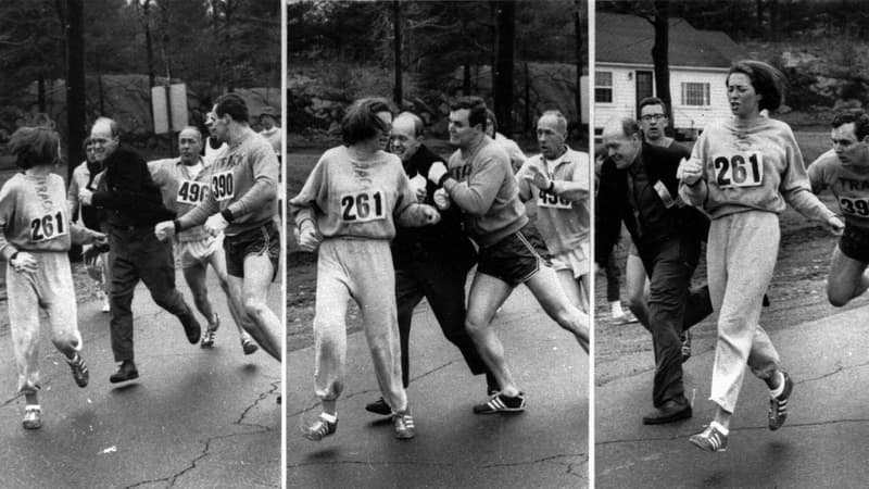 Kathrine Switzer empêchée de courir lors du marathon de Boston, aux États-Unis, le 19 avril 1967