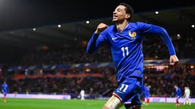 Hugo Ekitiké buteur avec l'équipe de France Espoirs contre les Anglais, 21 mars 2025 au Moustoir