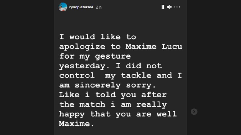 Le message d'excuse de Ryno Pieterse