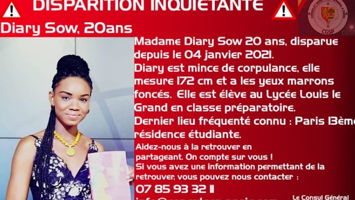 "Disparition inquiétante" d'une étudiante sénégalaise à Paris
"Disparition inquiétante" d'une étudiante sénégalaise à Paris