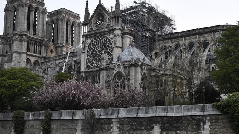 Emmanuel Macron a promis de reconstruire d'ici cinq ans le joyau de l'art gothique en partie détruit par un incendie il y a trois semaines -