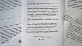 Communiqué du FLNC reçu le 25 juin 20147 à Marseille annonçant son intention de déposer les armes et de sortir "progressivement de la clandestinité"