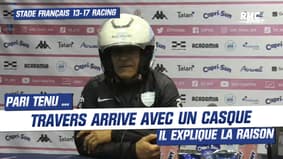 Stade Français 13-17 Racing : Travers arrive avec un casque en conf pour un défi gagné avec ses joueurs 