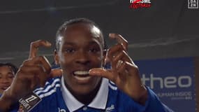 La joie d'Emanuel Emagha avec Strasbourg contre l'OL le 28 mars 2025