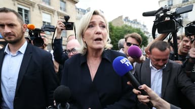 Marine Le Pen,mercredi 10 juillet aux abords de l'Assemblée nationale, à Paris.