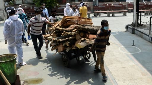 Des employés apportent du bois pour alimenter les bûchers où s'effectue la crémation de victimes du coronavirus, le 3 juin 2020 au Nigambodh Ghat à New Delhi Des employés apportent du bois pour alimenter les bûchers où s'effectue la crémation de victimes du coronavirus, le 3 juin 2020 au Nigambodh Ghat à New Delhi