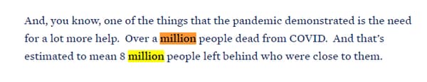 Le premier paragraphe du discours de Joe Biden, où le bon chiffre d'un million de morts du Covid est noté, le 25 juillet 2023 