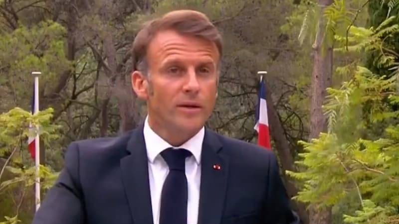 Emmanuel Macron aux commémorations du débarquement de Provence, à la nécropole nationale de Boulouris à Saint-Raphaël, le 15 août 2024