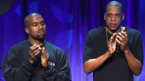 Kanye West (à gauche) et Jay Z, lors du lancement de la plateforme de streaming Tidal.