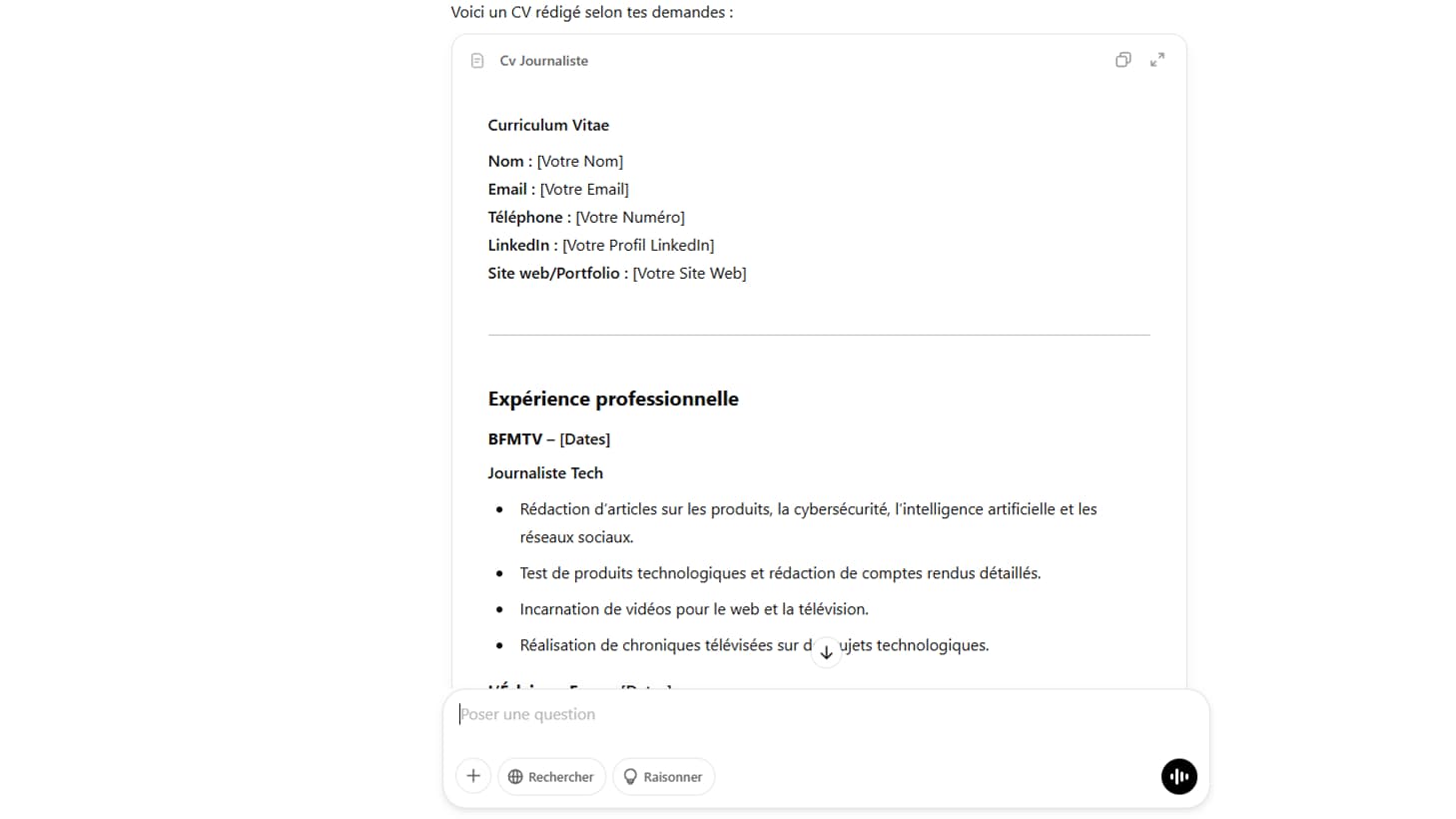 Le CV généré par ChatGPT.