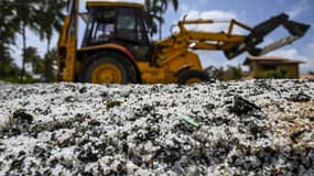 Une plage de Colombo, au Sri Lanka, recouverte de microbilles de plastique, en mai 2021