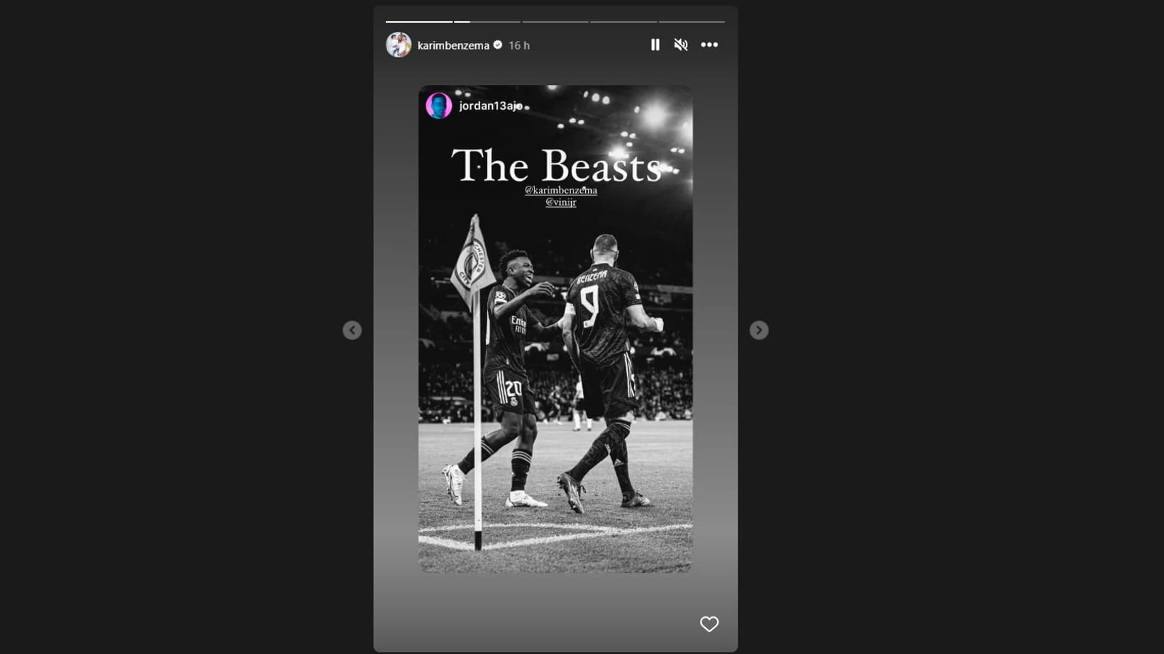 La story Instagram de Karim Benzema avec Vinicius Jr