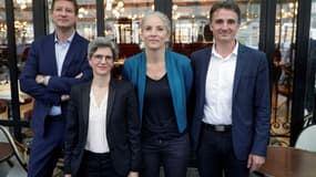 Quatre candidats aux primaires du partie écologique EELV: Yannick Jadot, Sandrine Rousseau, Delphine Batho et Eric Piolle, le 12 juillet 2021 à Paris