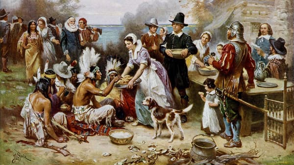 Le premier Thanksgiving, par le peintre Jean Leon Gerome Ferris (1863-1930). Le premier Thanksgiving, par le peintre Jean Leon Gerome Ferris (1863-1930).