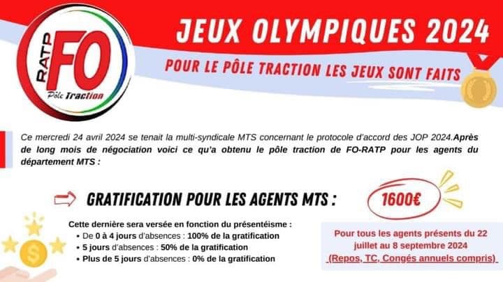 FO RATP : accord sur les primes pour les JO FO RATP : accord sur les primes pour les JO