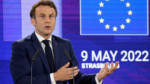 Emmanuel Macron prononce un discours pour la journée de l'Europe au Parlement européen de Strasbourg, le 9 mai 2022