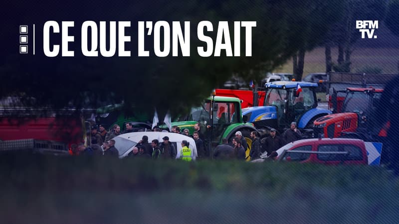 Des manifestants se tiennent à côté de tracteurs, garés près de l'endroit où une agricultrice a été tuée et où son mari et sa fille adolescente ont été gravement blessés lorsqu'ils ont été écrasés à l'aube du 23 janvier 2024 lors d'un barrage routier d'agriculteurs à Pamiers, dans la région de l'Ariège, en France.